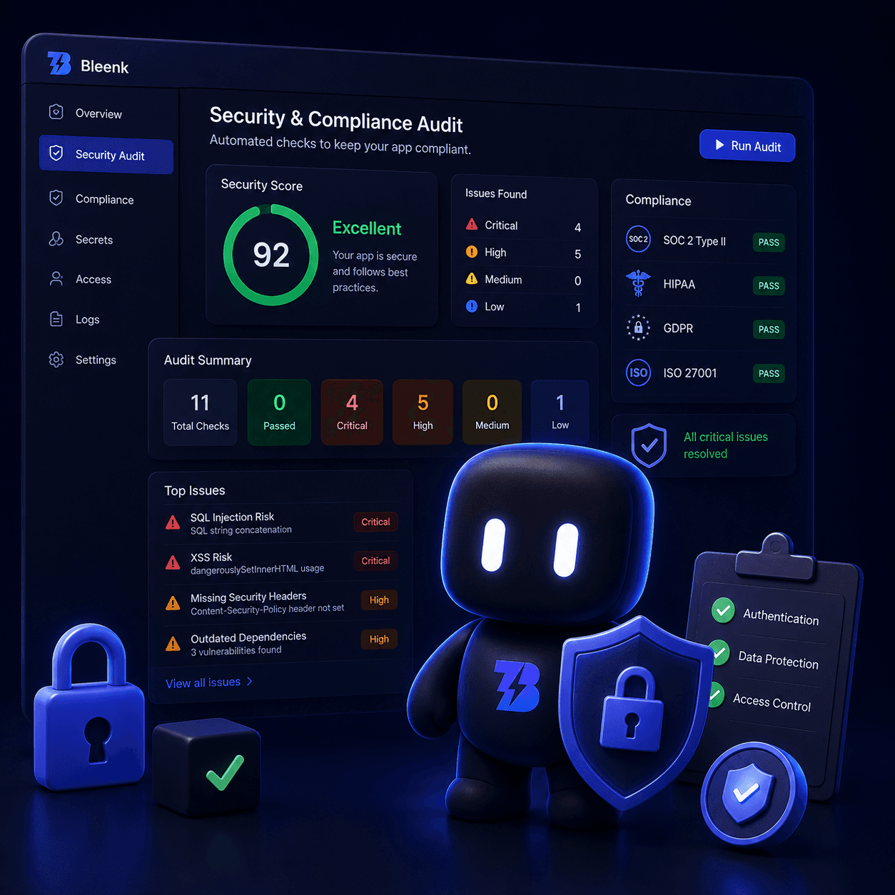 Activity and security-related logs in the Bleenk dashboard.