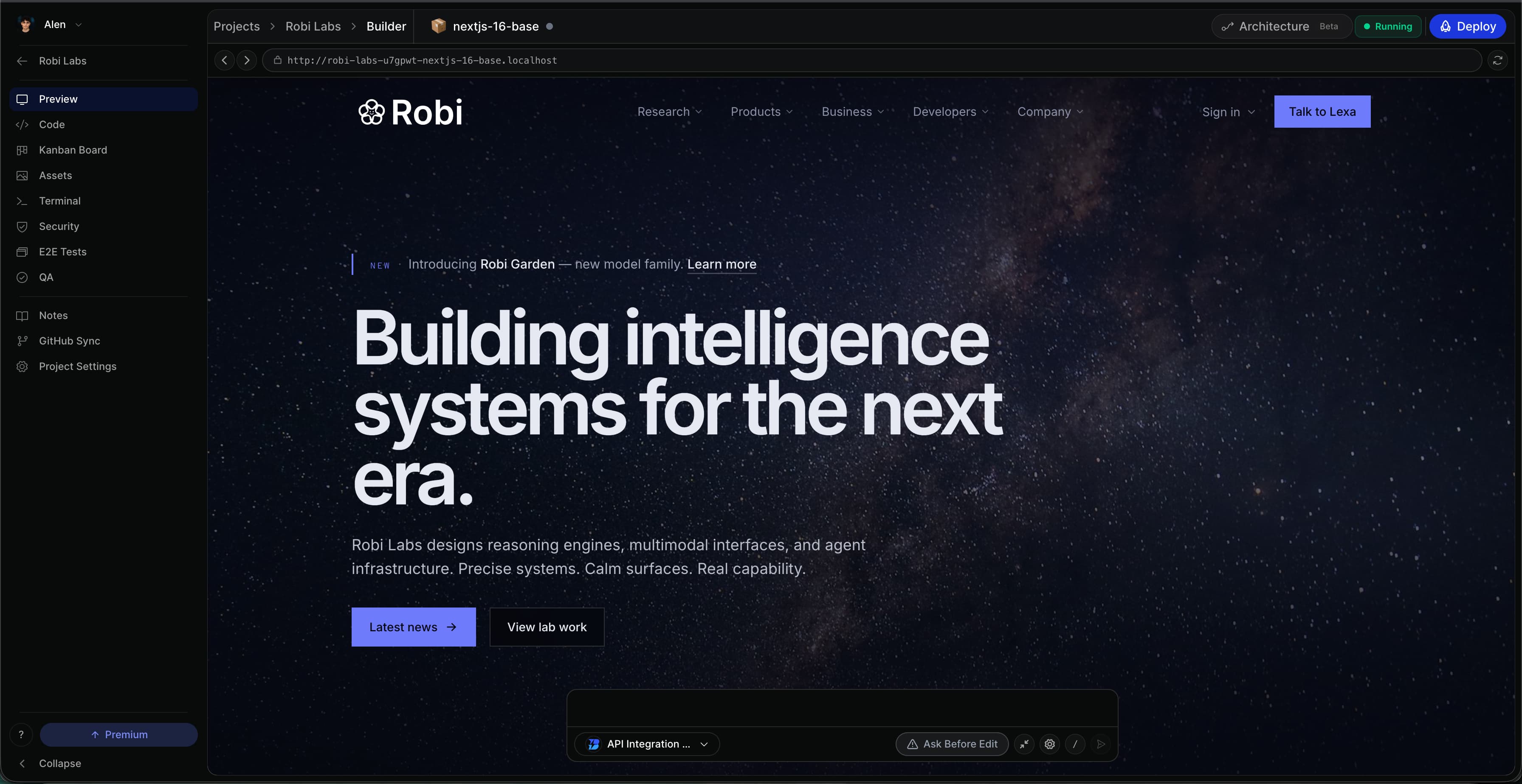 Bleenk dashboard with code, preview, and workflow context